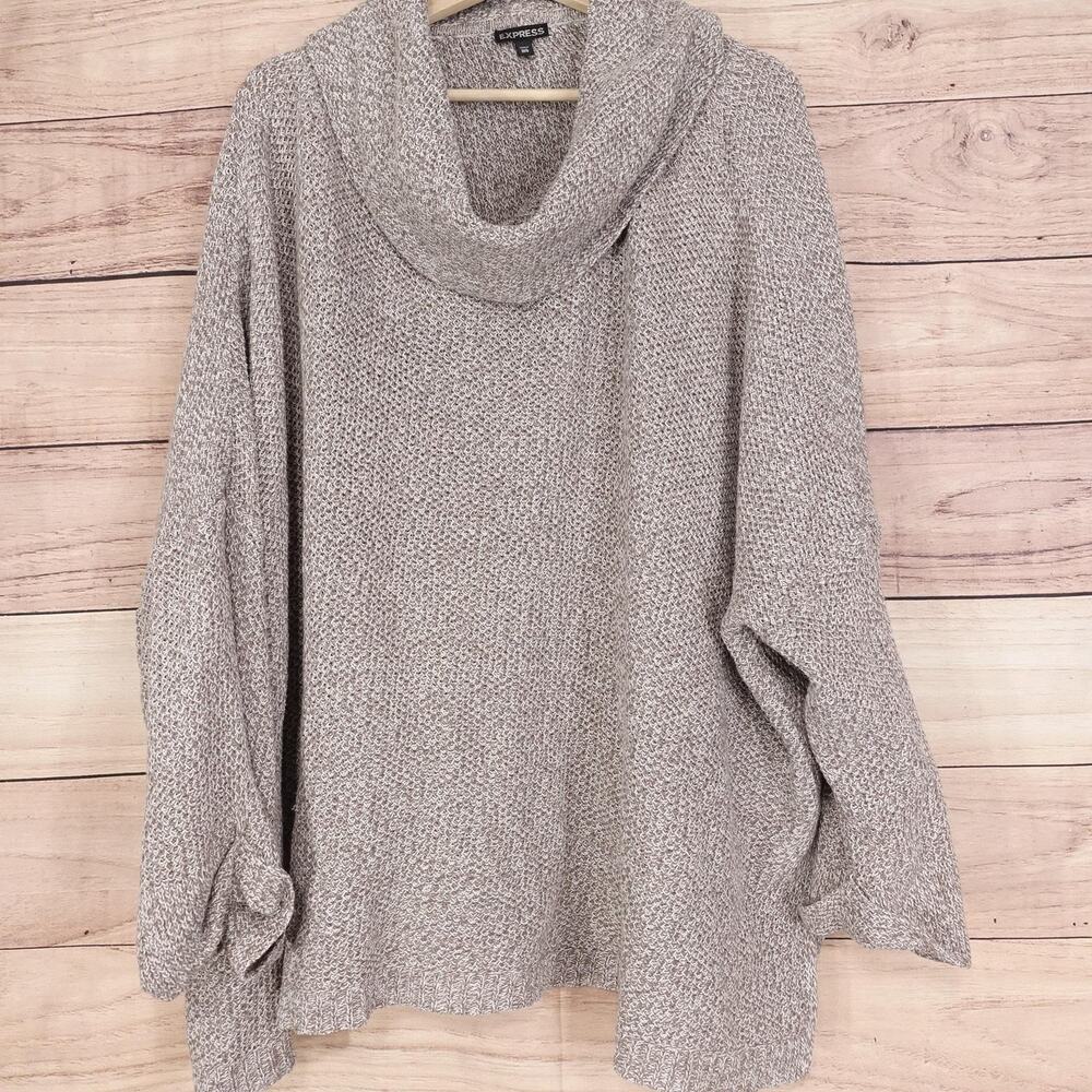 Express Sweater Womens M/L Beige Cowl Neck Oversized Dolman Sleeve Knit Pullover